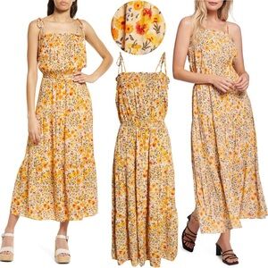 Lost + Wander Orange Yellow Floral Maxi Dress Boho Cottagecore Smocked Tiered L